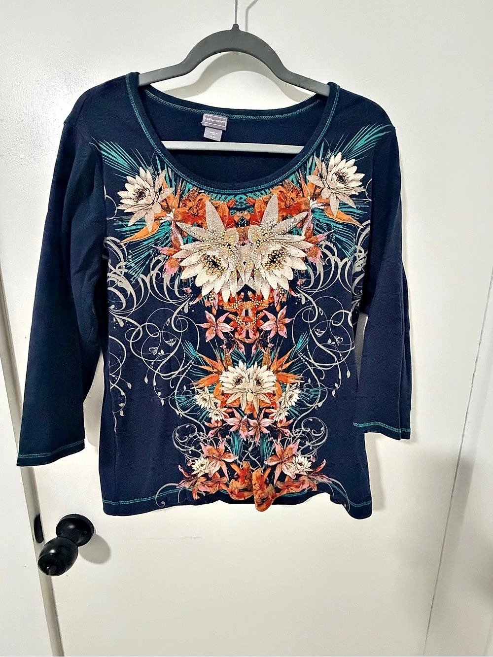 Laura Scott Floral Long Sleeve Tunic in Blue Like New